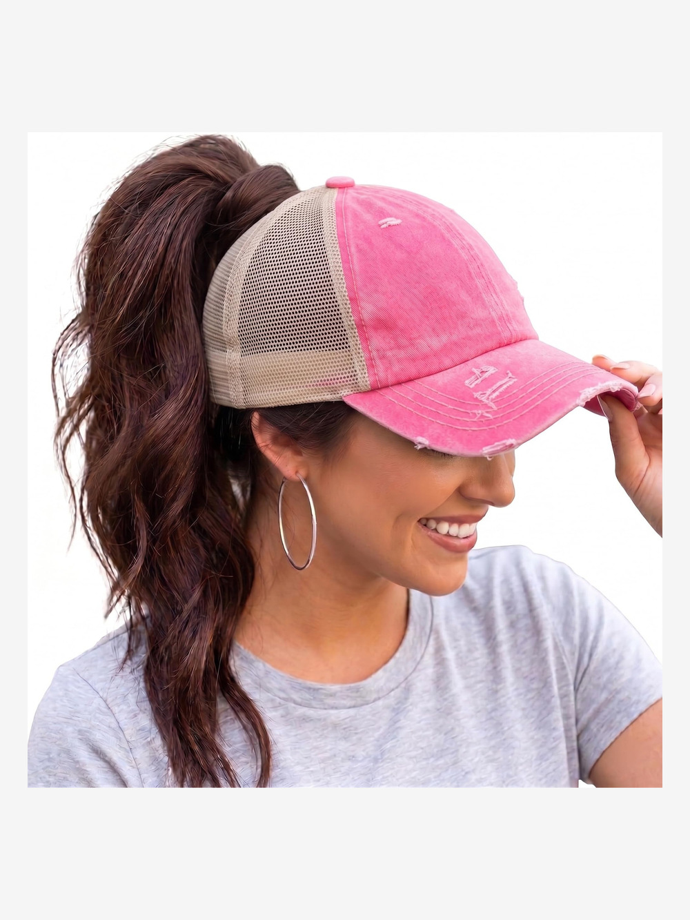 Criss Cross Ponytail Cap, Messy Bun | Beige Mesh, Pink (Distressed) | Size OS